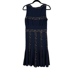 Tadashi Shoji Navy Blue Pleated Lace Accent Sleeveless Cocktail Dress Medium